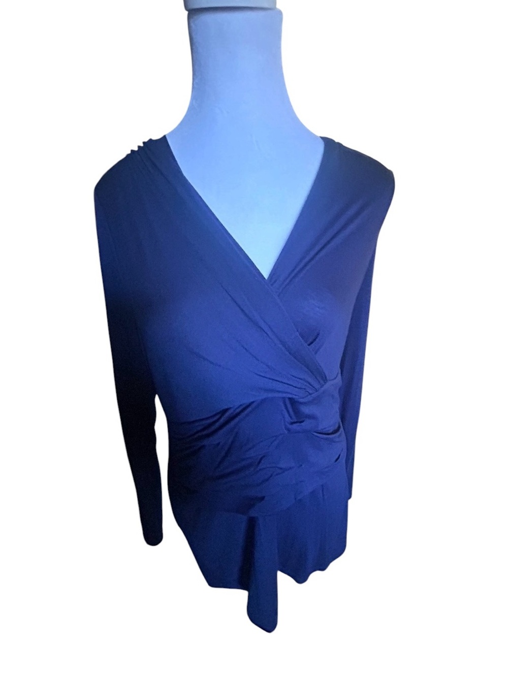 Ann Taylor size L Deep Blue Wrap-Front Long Sleeve knit Blouse- NWOT